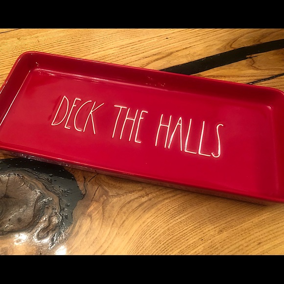 RAE DUNN: Red Ceramic Christmas Serving Tray Large - Deck The Halls